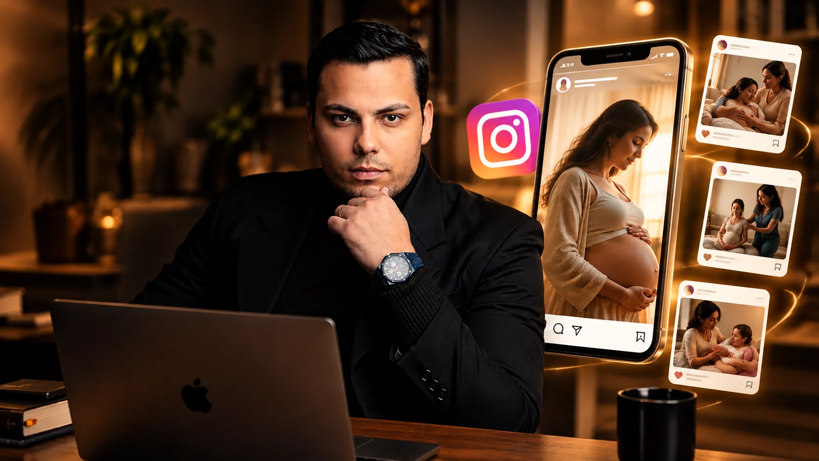 Cena profissional de divulgação digital para doulas, com gestante e recursos visuais do Instagram