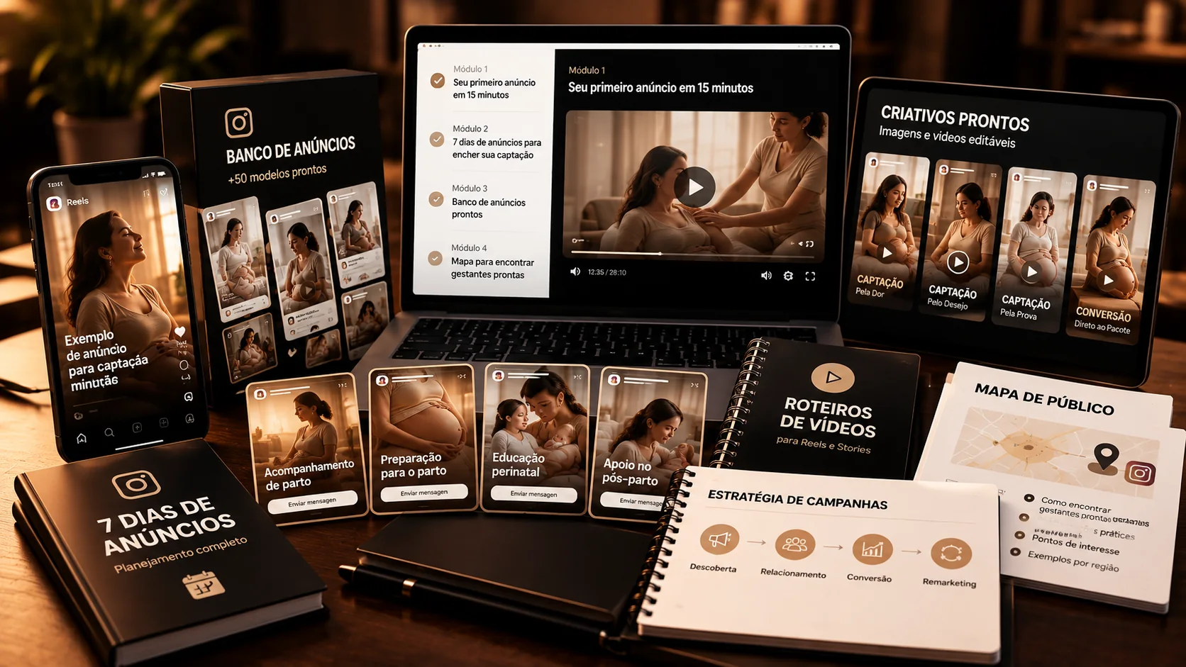 Mockup dos materiais de anúncios, conteúdos, vídeos, criativos e bônus para doulas